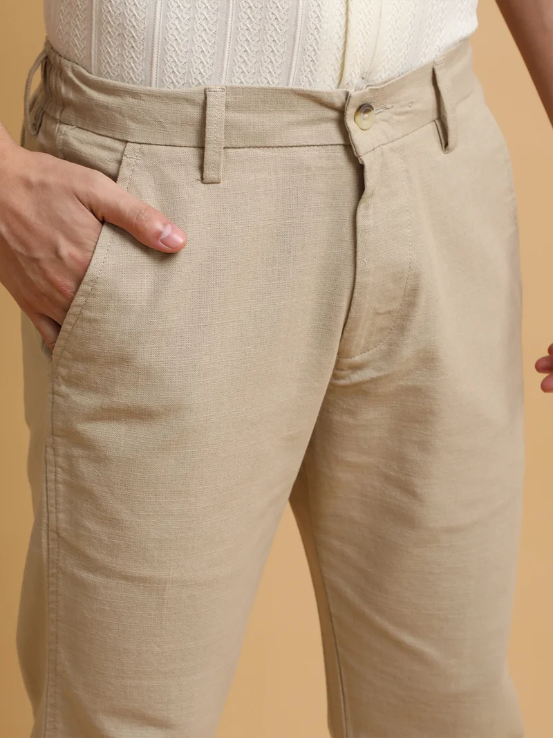 Maniac  Maniac Mens Italy Linen Solid Beige Cotton Trouser for Men | Best Price UAE